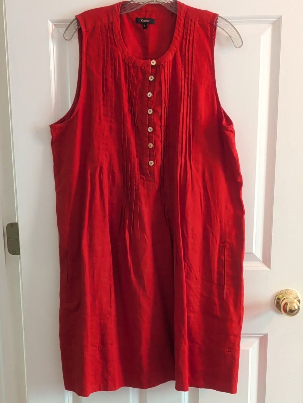 Quince Red Sleeveless Pintuck Button-Front Midi Dress Linen A-line Swing Dress